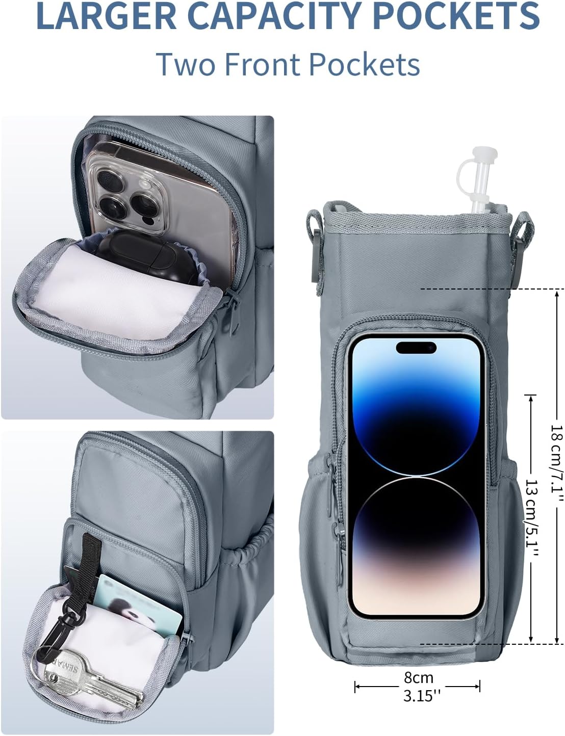 30/40oz Crossbody Water Bottle Holder Anti-Tip Tumbler Carrier | Lightweight Bottle Sling Fits Handled Tumbler w/ Phone Pocket, Adjustable Strap, Insulated Lining, Hands-free for Hiking Gym