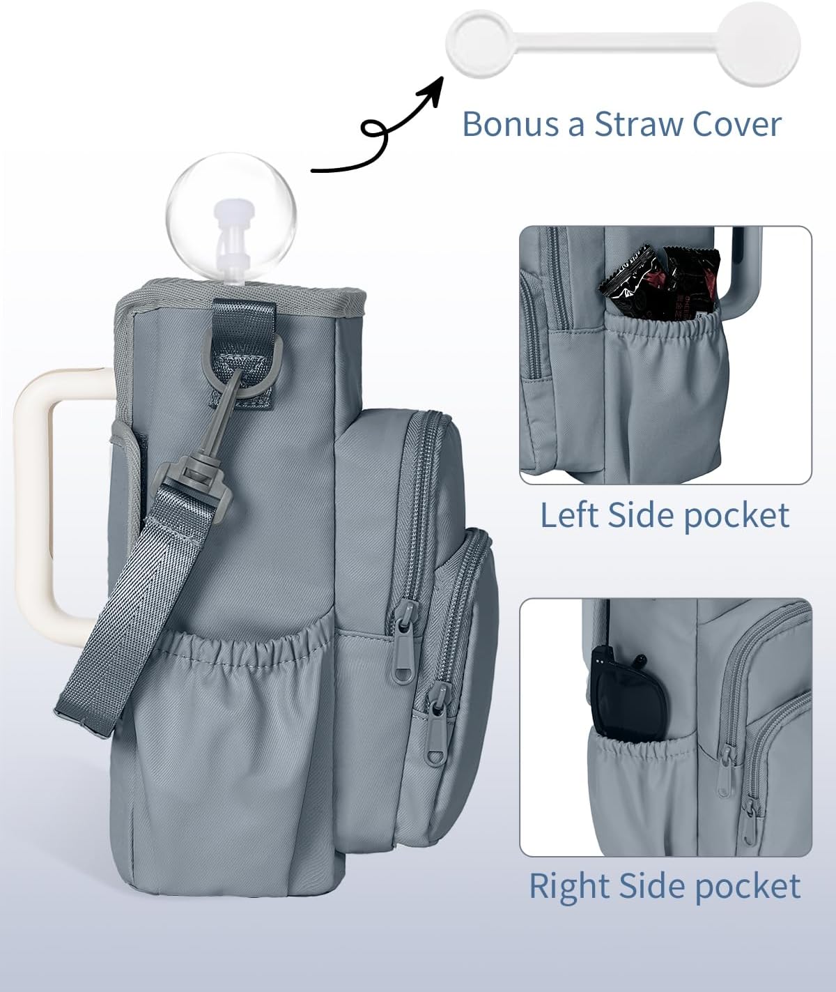30/40oz Crossbody Water Bottle Holder Anti-Tip Tumbler Carrier | Lightweight Bottle Sling Fits Handled Tumbler w/ Phone Pocket, Adjustable Strap, Insulated Lining, Hands-free for Hiking Gym