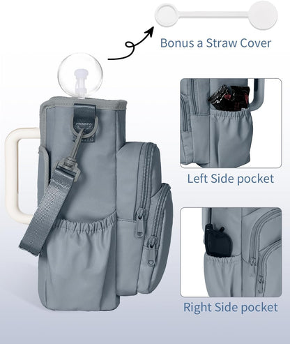 30/40oz Crossbody Water Bottle Holder Anti-Tip Tumbler Carrier | Lightweight Bottle Sling Fits Handled Tumbler w/ Phone Pocket, Adjustable Strap, Insulated Lining, Hands-free for Hiking Gym