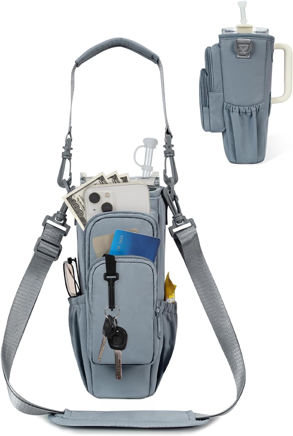 30/40oz Crossbody Water Bottle Holder Anti-Tip Tumbler Carrier | Lightweight Bottle Sling Fits Handled Tumbler w/ Phone Pocket, Adjustable Strap, Insulated Lining, Hands-free for Hiking Gym