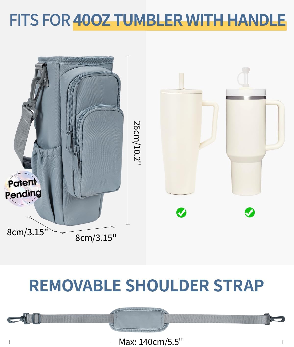 30/40oz Crossbody Water Bottle Holder Anti-Tip Tumbler Carrier | Lightweight Bottle Sling Fits Handled Tumbler w/ Phone Pocket, Adjustable Strap, Insulated Lining, Hands-free for Hiking Gym