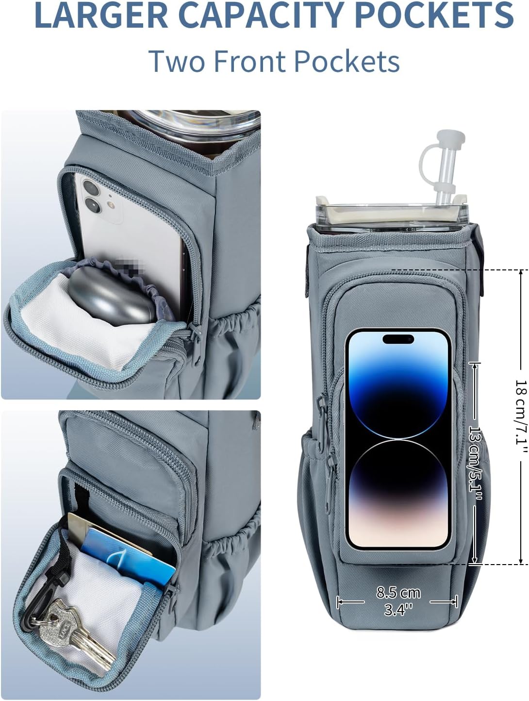 30/40oz Crossbody Water Bottle Holder Anti-Tip Tumbler Carrier | Lightweight Bottle Sling Fits Handled Tumbler w/ Phone Pocket, Adjustable Strap, Insulated Lining, Hands-free for Hiking Gym