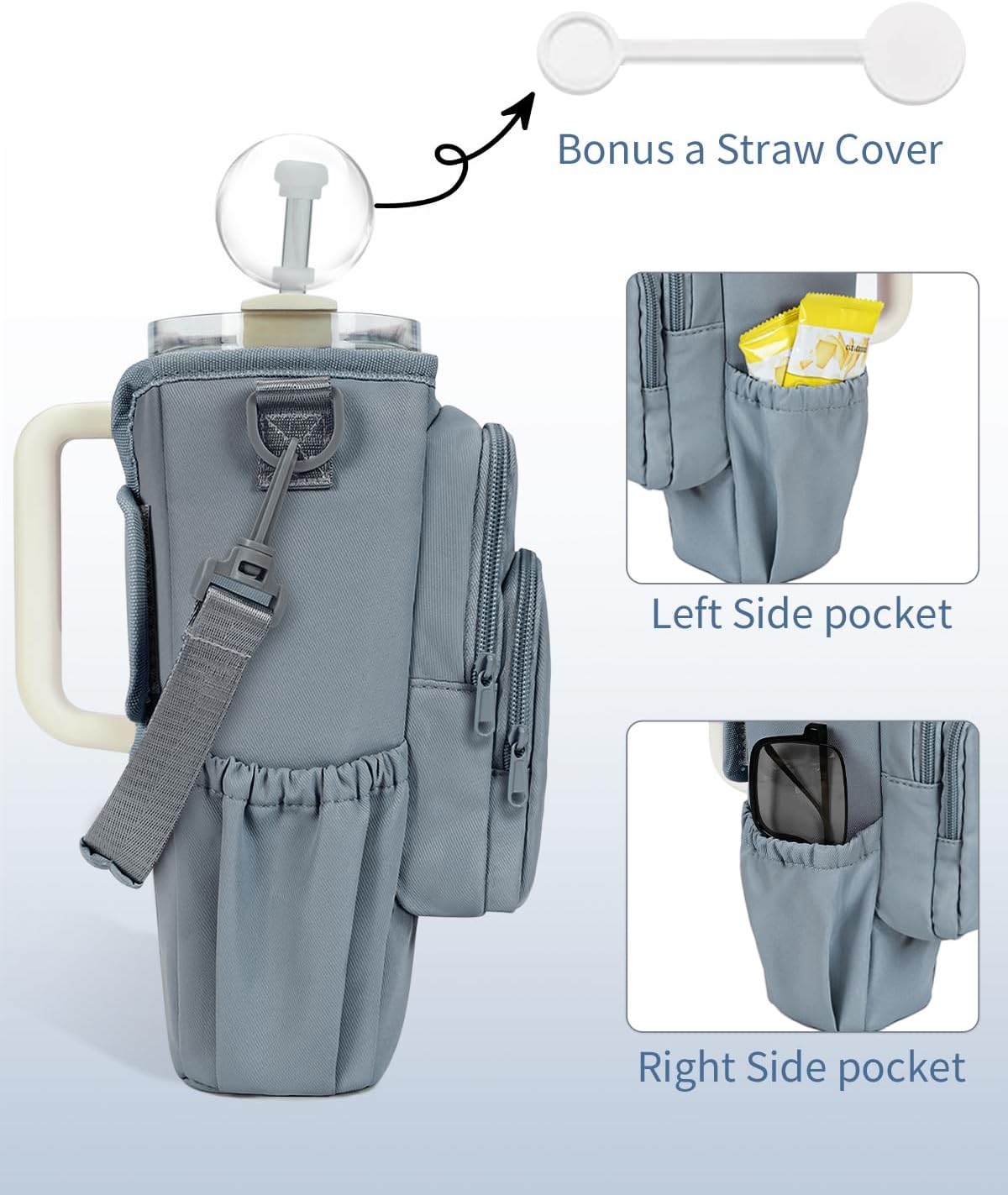 30/40oz Crossbody Water Bottle Holder Anti-Tip Tumbler Carrier | Lightweight Bottle Sling Fits Handled Tumbler w/ Phone Pocket, Adjustable Strap, Insulated Lining, Hands-free for Hiking Gym
