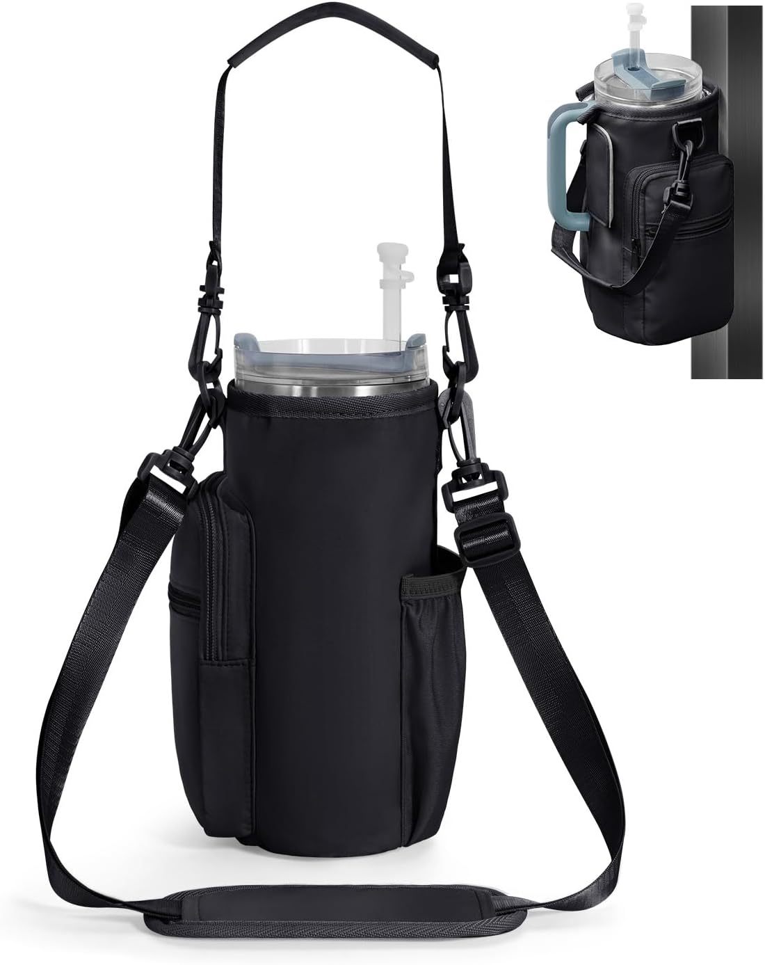 30/40oz Crossbody Water Bottle Holder Anti-Tip Tumbler Carrier | Lightweight Bottle Sling Fits Handled Tumbler w/ Phone Pocket, Adjustable Strap, Insulated Lining, Hands-free for Hiking Gym