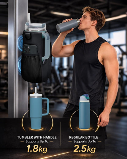 30/40oz Crossbody Water Bottle Holder Anti-Tip Tumbler Carrier | Lightweight Bottle Sling Fits Handled Tumbler w/ Phone Pocket, Adjustable Strap, Insulated Lining, Hands-free for Hiking Gym