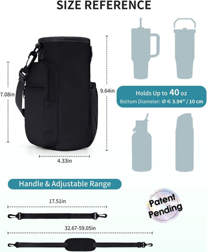 30/40oz Crossbody Water Bottle Holder Anti-Tip Tumbler Carrier | Lightweight Bottle Sling Fits Handled Tumbler w/ Phone Pocket, Adjustable Strap, Insulated Lining, Hands-free for Hiking Gym