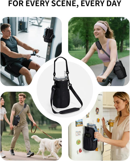30/40oz Crossbody Water Bottle Holder Anti-Tip Tumbler Carrier | Lightweight Bottle Sling Fits Handled Tumbler w/ Phone Pocket, Adjustable Strap, Insulated Lining, Hands-free for Hiking Gym