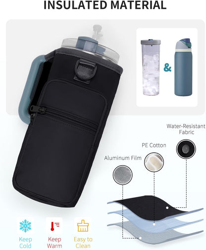 30/40oz Crossbody Water Bottle Holder Anti-Tip Tumbler Carrier | Lightweight Bottle Sling Fits Handled Tumbler w/ Phone Pocket, Adjustable Strap, Insulated Lining, Hands-free for Hiking Gym