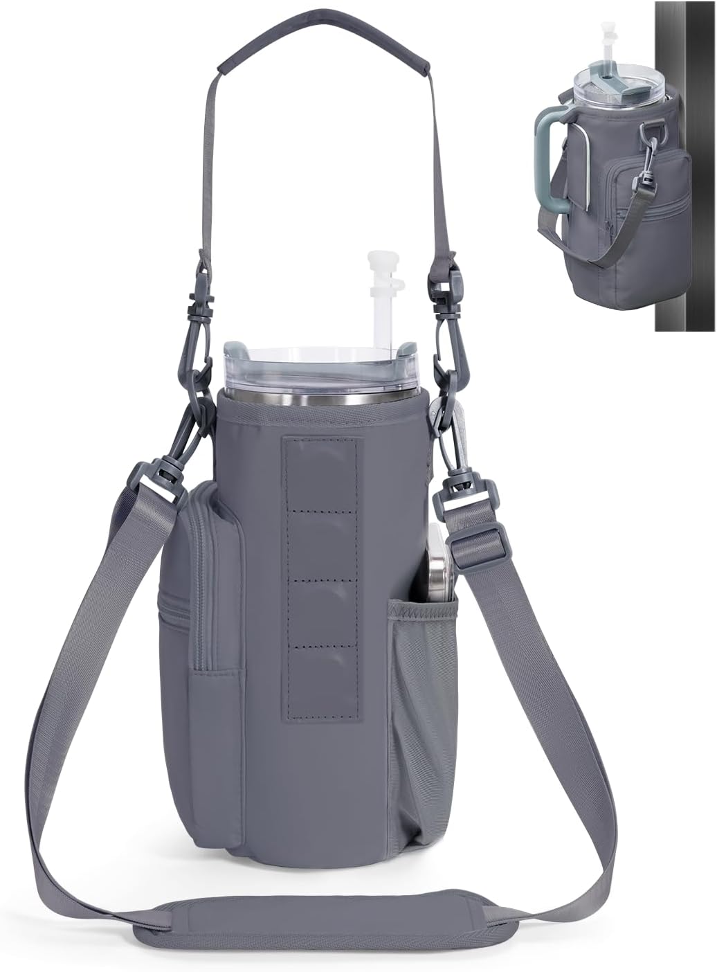 30/40oz Crossbody Water Bottle Holder Anti-Tip Tumbler Carrier | Lightweight Bottle Sling Fits Handled Tumbler w/ Phone Pocket, Adjustable Strap, Insulated Lining, Hands-free for Hiking Gym