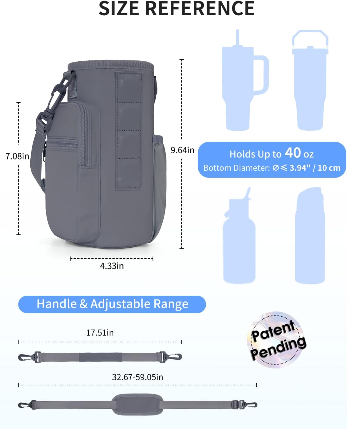 30/40oz Crossbody Water Bottle Holder Anti-Tip Tumbler Carrier | Lightweight Bottle Sling Fits Handled Tumbler w/ Phone Pocket, Adjustable Strap, Insulated Lining, Hands-free for Hiking Gym