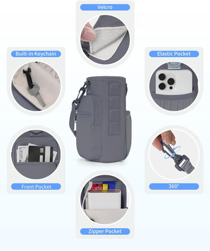 30/40oz Crossbody Water Bottle Holder Anti-Tip Tumbler Carrier | Lightweight Bottle Sling Fits Handled Tumbler w/ Phone Pocket, Adjustable Strap, Insulated Lining, Hands-free for Hiking Gym