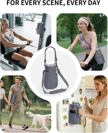 30/40oz Crossbody Water Bottle Holder Anti-Tip Tumbler Carrier | Lightweight Bottle Sling Fits Handled Tumbler w/ Phone Pocket, Adjustable Strap, Insulated Lining, Hands-free for Hiking Gym