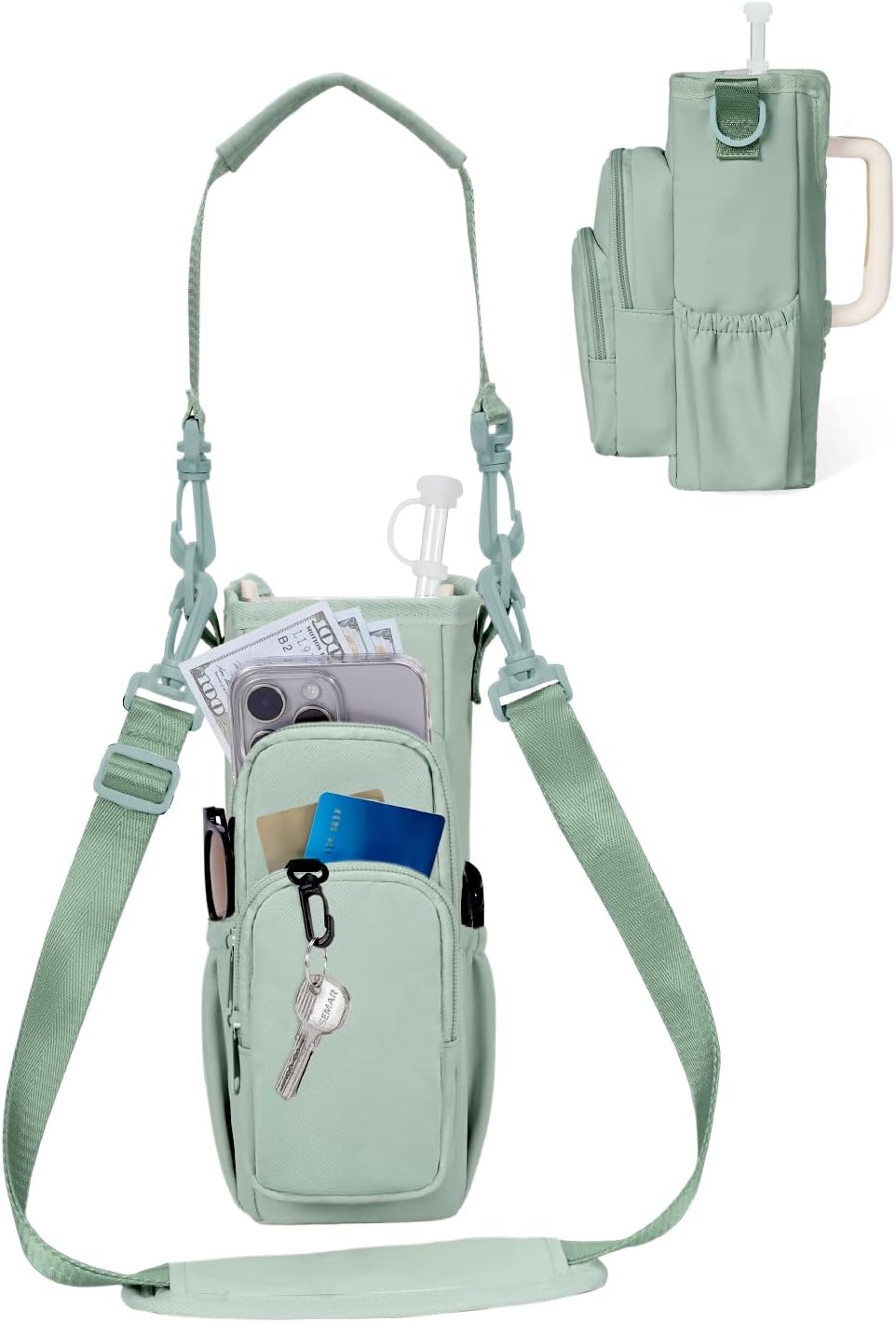 30/40oz Crossbody Water Bottle Holder Anti-Tip Tumbler Carrier | Lightweight Bottle Sling Fits Handled Tumbler w/ Phone Pocket, Adjustable Strap, Insulated Lining, Hands-free for Hiking Gym