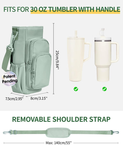 30/40oz Crossbody Water Bottle Holder Anti-Tip Tumbler Carrier | Lightweight Bottle Sling Fits Handled Tumbler w/ Phone Pocket, Adjustable Strap, Insulated Lining, Hands-free for Hiking Gym