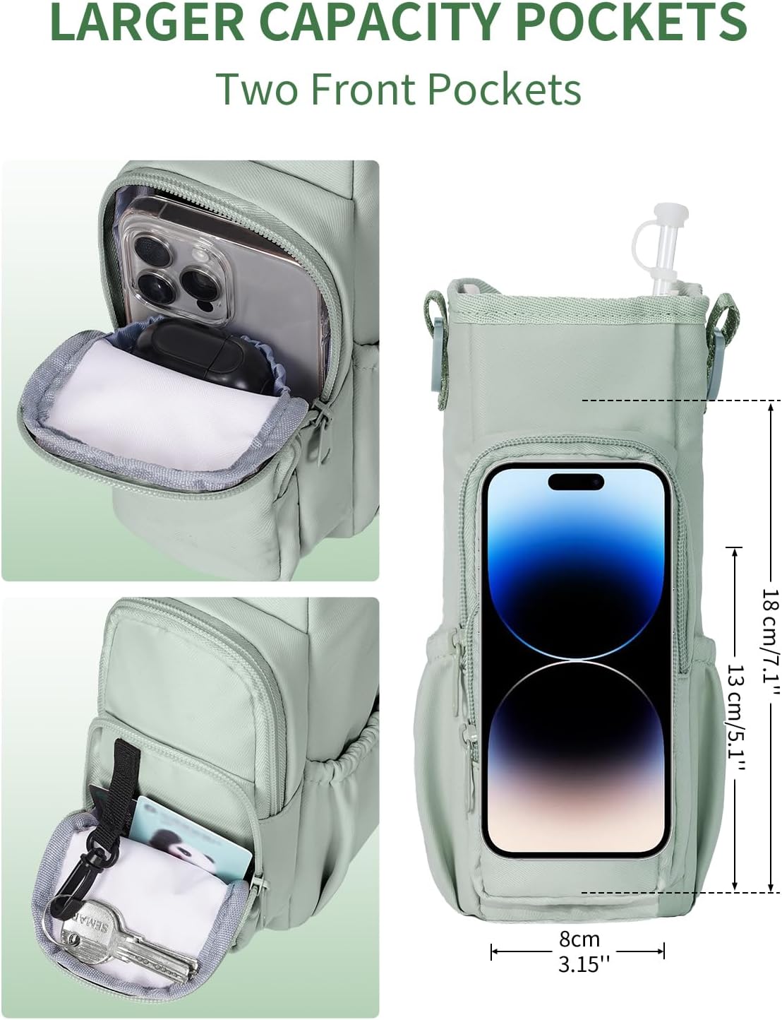 30/40oz Crossbody Water Bottle Holder Anti-Tip Tumbler Carrier | Lightweight Bottle Sling Fits Handled Tumbler w/ Phone Pocket, Adjustable Strap, Insulated Lining, Hands-free for Hiking Gym