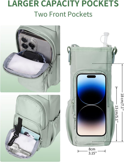 30/40oz Crossbody Water Bottle Holder Anti-Tip Tumbler Carrier | Lightweight Bottle Sling Fits Handled Tumbler w/ Phone Pocket, Adjustable Strap, Insulated Lining, Hands-free for Hiking Gym