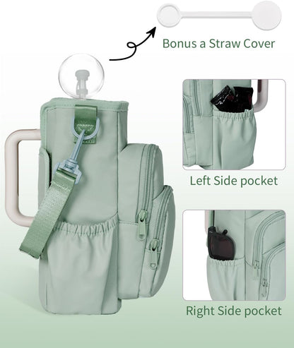 30/40oz Crossbody Water Bottle Holder Anti-Tip Tumbler Carrier | Lightweight Bottle Sling Fits Handled Tumbler w/ Phone Pocket, Adjustable Strap, Insulated Lining, Hands-free for Hiking Gym