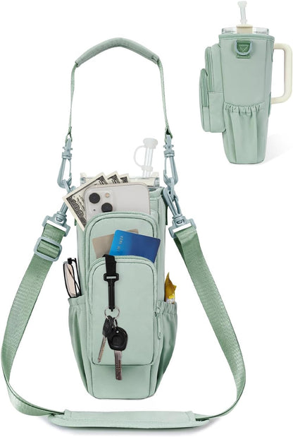 30/40oz Crossbody Water Bottle Holder Anti-Tip Tumbler Carrier | Lightweight Bottle Sling Fits Handled Tumbler w/ Phone Pocket, Adjustable Strap, Insulated Lining, Hands-free for Hiking Gym
