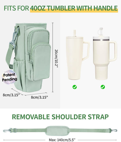 30/40oz Crossbody Water Bottle Holder Anti-Tip Tumbler Carrier | Lightweight Bottle Sling Fits Handled Tumbler w/ Phone Pocket, Adjustable Strap, Insulated Lining, Hands-free for Hiking Gym