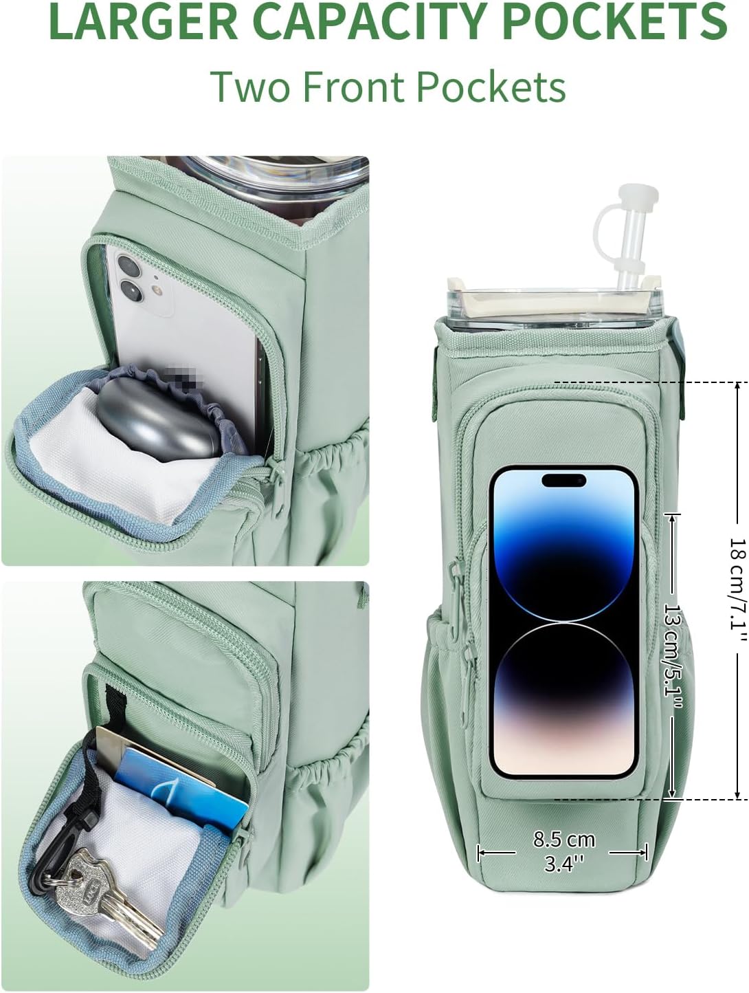 30/40oz Crossbody Water Bottle Holder Anti-Tip Tumbler Carrier | Lightweight Bottle Sling Fits Handled Tumbler w/ Phone Pocket, Adjustable Strap, Insulated Lining, Hands-free for Hiking Gym