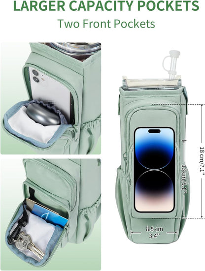 30/40oz Crossbody Water Bottle Holder Anti-Tip Tumbler Carrier | Lightweight Bottle Sling Fits Handled Tumbler w/ Phone Pocket, Adjustable Strap, Insulated Lining, Hands-free for Hiking Gym