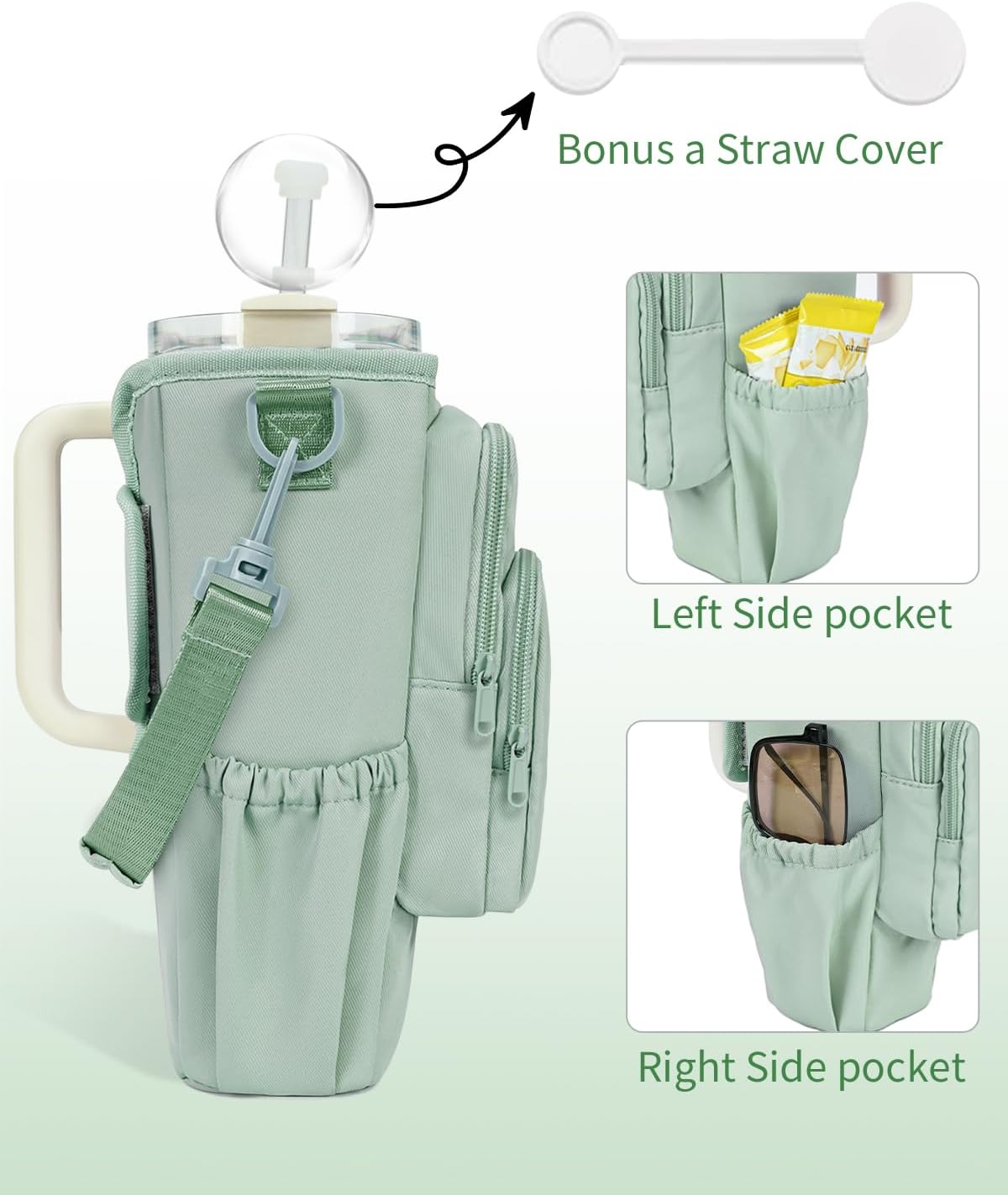 30/40oz Crossbody Water Bottle Holder Anti-Tip Tumbler Carrier | Lightweight Bottle Sling Fits Handled Tumbler w/ Phone Pocket, Adjustable Strap, Insulated Lining, Hands-free for Hiking Gym