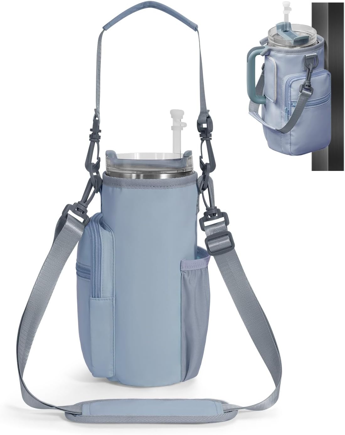 30/40oz Crossbody Water Bottle Holder Anti-Tip Tumbler Carrier | Lightweight Bottle Sling Fits Handled Tumbler w/ Phone Pocket, Adjustable Strap, Insulated Lining, Hands-free for Hiking Gym
