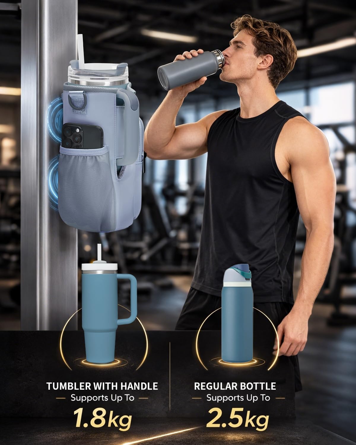 30/40oz Crossbody Water Bottle Holder Anti-Tip Tumbler Carrier | Lightweight Bottle Sling Fits Handled Tumbler w/ Phone Pocket, Adjustable Strap, Insulated Lining, Hands-free for Hiking Gym