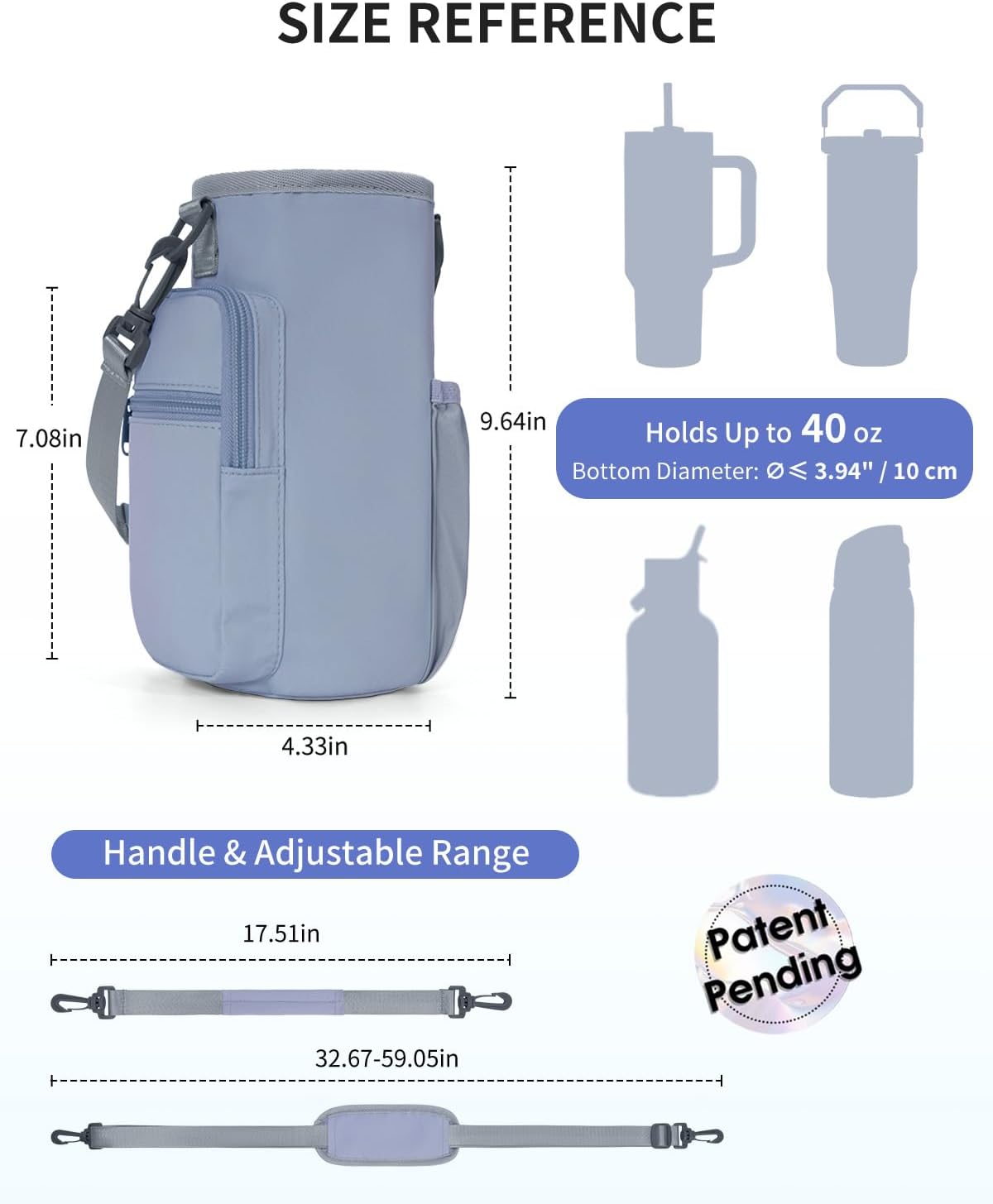 30/40oz Crossbody Water Bottle Holder Anti-Tip Tumbler Carrier | Lightweight Bottle Sling Fits Handled Tumbler w/ Phone Pocket, Adjustable Strap, Insulated Lining, Hands-free for Hiking Gym