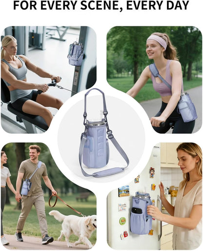 30/40oz Crossbody Water Bottle Holder Anti-Tip Tumbler Carrier | Lightweight Bottle Sling Fits Handled Tumbler w/ Phone Pocket, Adjustable Strap, Insulated Lining, Hands-free for Hiking Gym