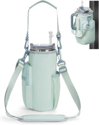 30/40oz Crossbody Water Bottle Holder Anti-Tip Tumbler Carrier | Lightweight Bottle Sling Fits Handled Tumbler w/ Phone Pocket, Adjustable Strap, Insulated Lining, Hands-free for Hiking Gym