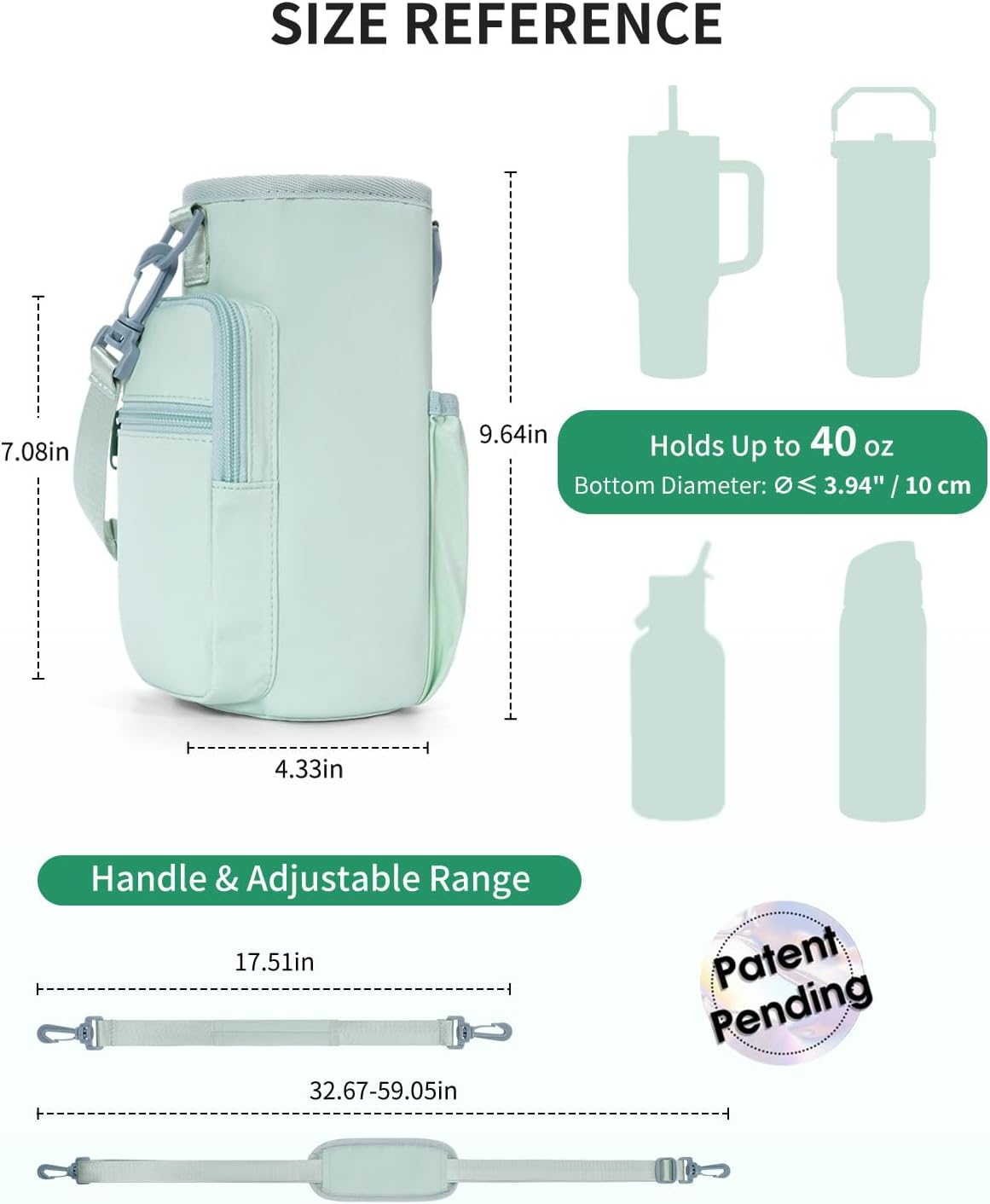 30/40oz Crossbody Water Bottle Holder Anti-Tip Tumbler Carrier | Lightweight Bottle Sling Fits Handled Tumbler w/ Phone Pocket, Adjustable Strap, Insulated Lining, Hands-free for Hiking Gym