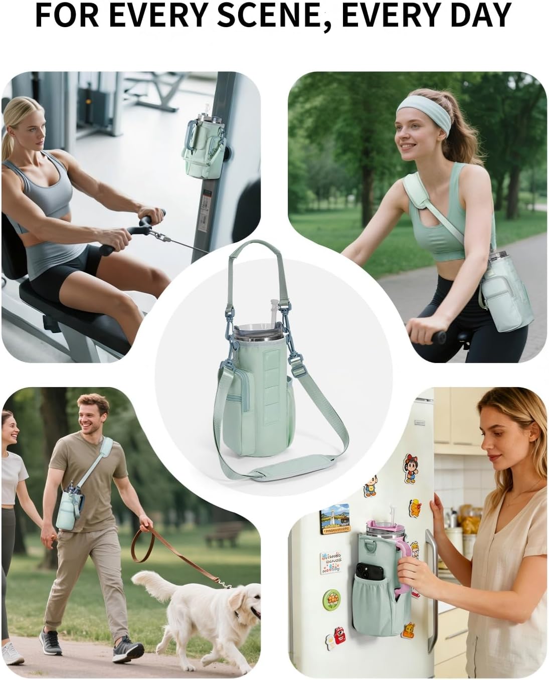 30/40oz Crossbody Water Bottle Holder Anti-Tip Tumbler Carrier | Lightweight Bottle Sling Fits Handled Tumbler w/ Phone Pocket, Adjustable Strap, Insulated Lining, Hands-free for Hiking Gym