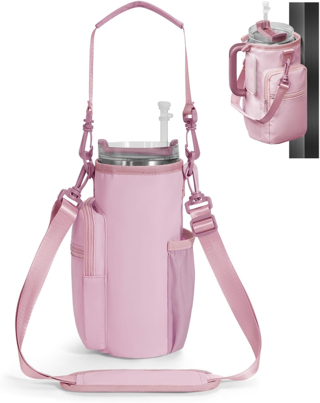 30/40oz Crossbody Water Bottle Holder Anti-Tip Tumbler Carrier | Lightweight Bottle Sling Fits Handled Tumbler w/ Phone Pocket, Adjustable Strap, Insulated Lining, Hands-free for Hiking Gym
