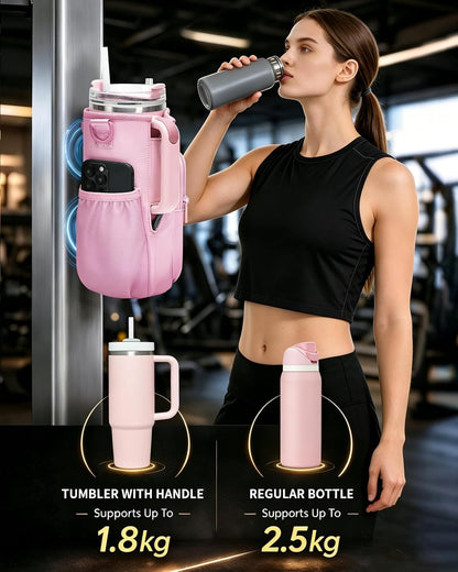 30/40oz Crossbody Water Bottle Holder Anti-Tip Tumbler Carrier | Lightweight Bottle Sling Fits Handled Tumbler w/ Phone Pocket, Adjustable Strap, Insulated Lining, Hands-free for Hiking Gym