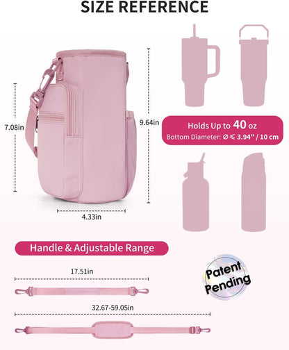 30/40oz Crossbody Water Bottle Holder Anti-Tip Tumbler Carrier | Lightweight Bottle Sling Fits Handled Tumbler w/ Phone Pocket, Adjustable Strap, Insulated Lining, Hands-free for Hiking Gym