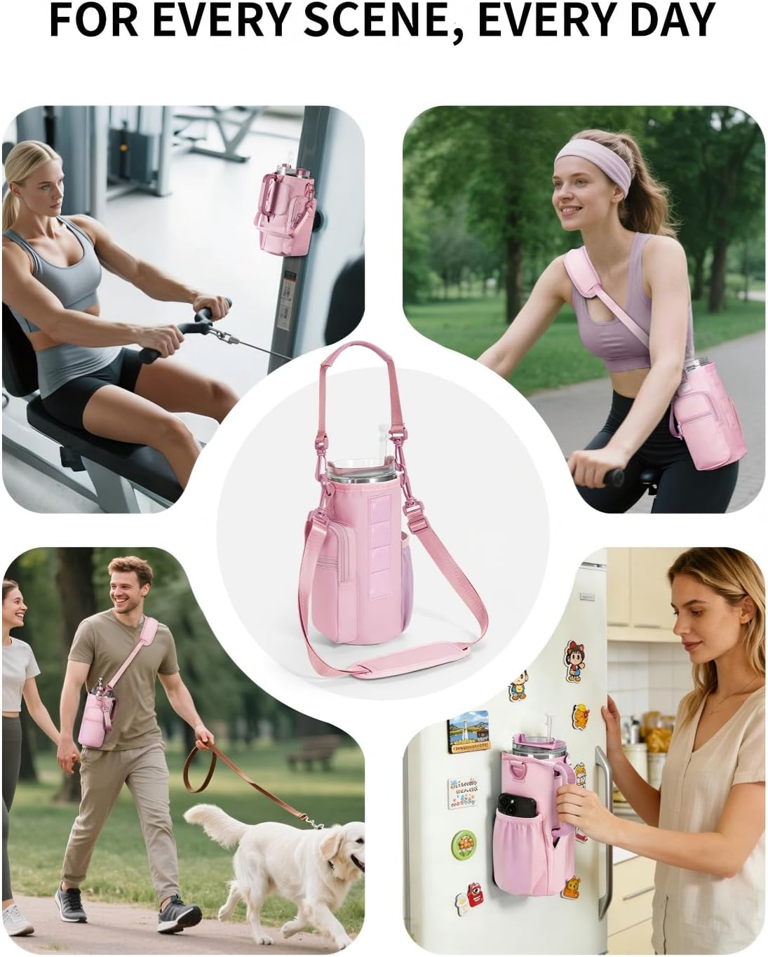 30/40oz Crossbody Water Bottle Holder Anti-Tip Tumbler Carrier | Lightweight Bottle Sling Fits Handled Tumbler w/ Phone Pocket, Adjustable Strap, Insulated Lining, Hands-free for Hiking Gym
