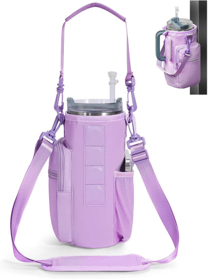 30/40oz Crossbody Water Bottle Holder Anti-Tip Tumbler Carrier | Lightweight Bottle Sling Fits Handled Tumbler w/ Phone Pocket, Adjustable Strap, Insulated Lining, Hands-free for Hiking Gym
