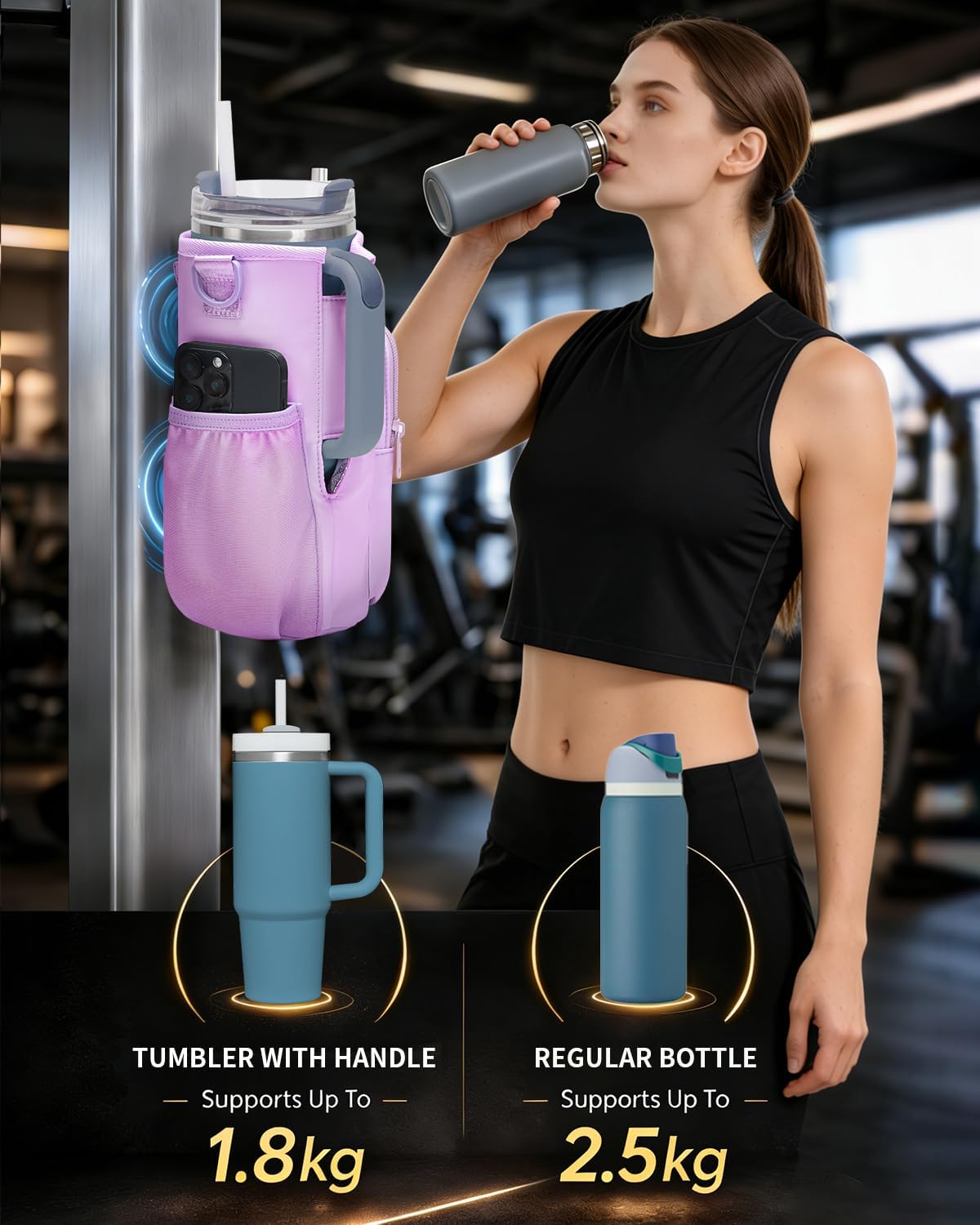30/40oz Crossbody Water Bottle Holder Anti-Tip Tumbler Carrier | Lightweight Bottle Sling Fits Handled Tumbler w/ Phone Pocket, Adjustable Strap, Insulated Lining, Hands-free for Hiking Gym