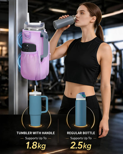 30/40oz Crossbody Water Bottle Holder Anti-Tip Tumbler Carrier | Lightweight Bottle Sling Fits Handled Tumbler w/ Phone Pocket, Adjustable Strap, Insulated Lining, Hands-free for Hiking Gym