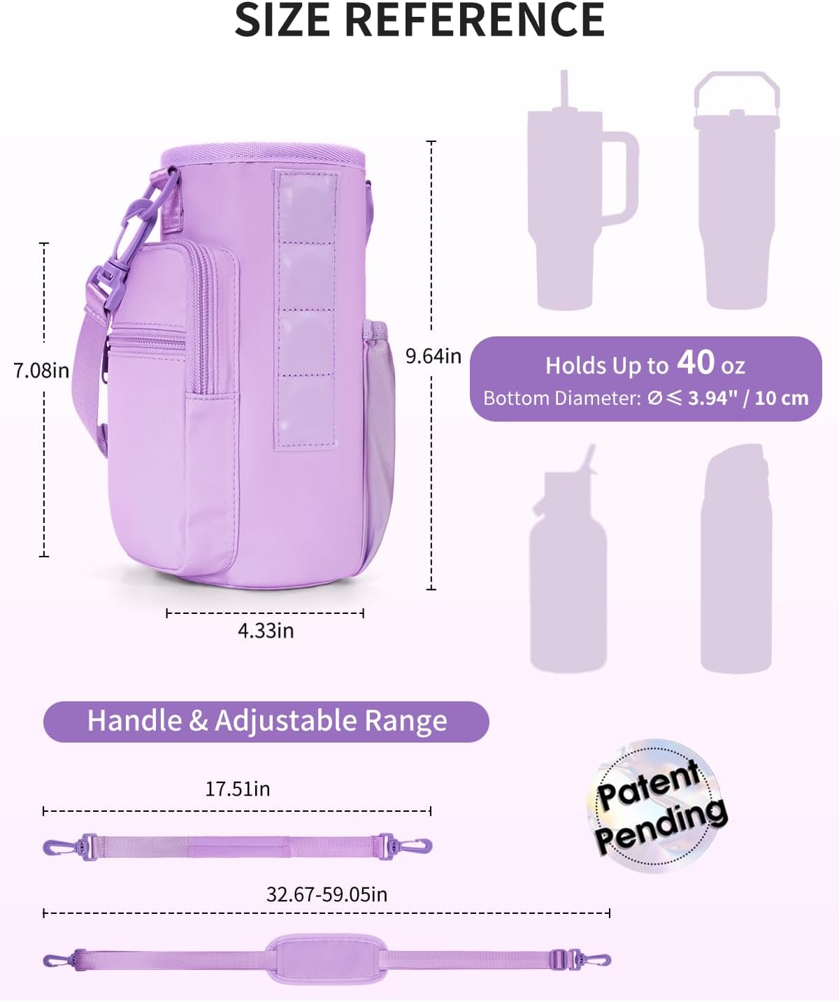 30/40oz Crossbody Water Bottle Holder Anti-Tip Tumbler Carrier | Lightweight Bottle Sling Fits Handled Tumbler w/ Phone Pocket, Adjustable Strap, Insulated Lining, Hands-free for Hiking Gym