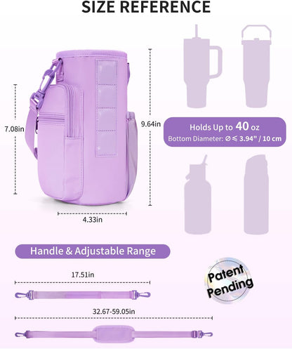 30/40oz Crossbody Water Bottle Holder Anti-Tip Tumbler Carrier | Lightweight Bottle Sling Fits Handled Tumbler w/ Phone Pocket, Adjustable Strap, Insulated Lining, Hands-free for Hiking Gym