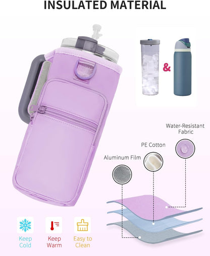 30/40oz Crossbody Water Bottle Holder Anti-Tip Tumbler Carrier | Lightweight Bottle Sling Fits Handled Tumbler w/ Phone Pocket, Adjustable Strap, Insulated Lining, Hands-free for Hiking Gym