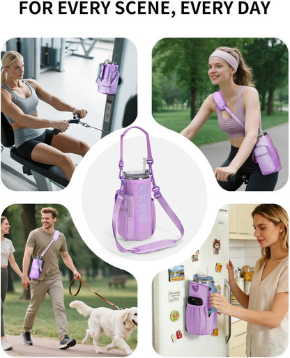30/40oz Crossbody Water Bottle Holder Anti-Tip Tumbler Carrier | Lightweight Bottle Sling Fits Handled Tumbler w/ Phone Pocket, Adjustable Strap, Insulated Lining, Hands-free for Hiking Gym