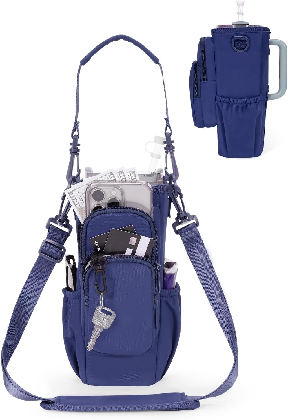 30/40oz Crossbody Water Bottle Holder Anti-Tip Tumbler Carrier | Lightweight Bottle Sling Fits Handled Tumbler w/ Phone Pocket, Adjustable Strap, Insulated Lining, Hands-free for Hiking Gym