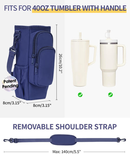 30/40oz Crossbody Water Bottle Holder Anti-Tip Tumbler Carrier | Lightweight Bottle Sling Fits Handled Tumbler w/ Phone Pocket, Adjustable Strap, Insulated Lining, Hands-free for Hiking Gym