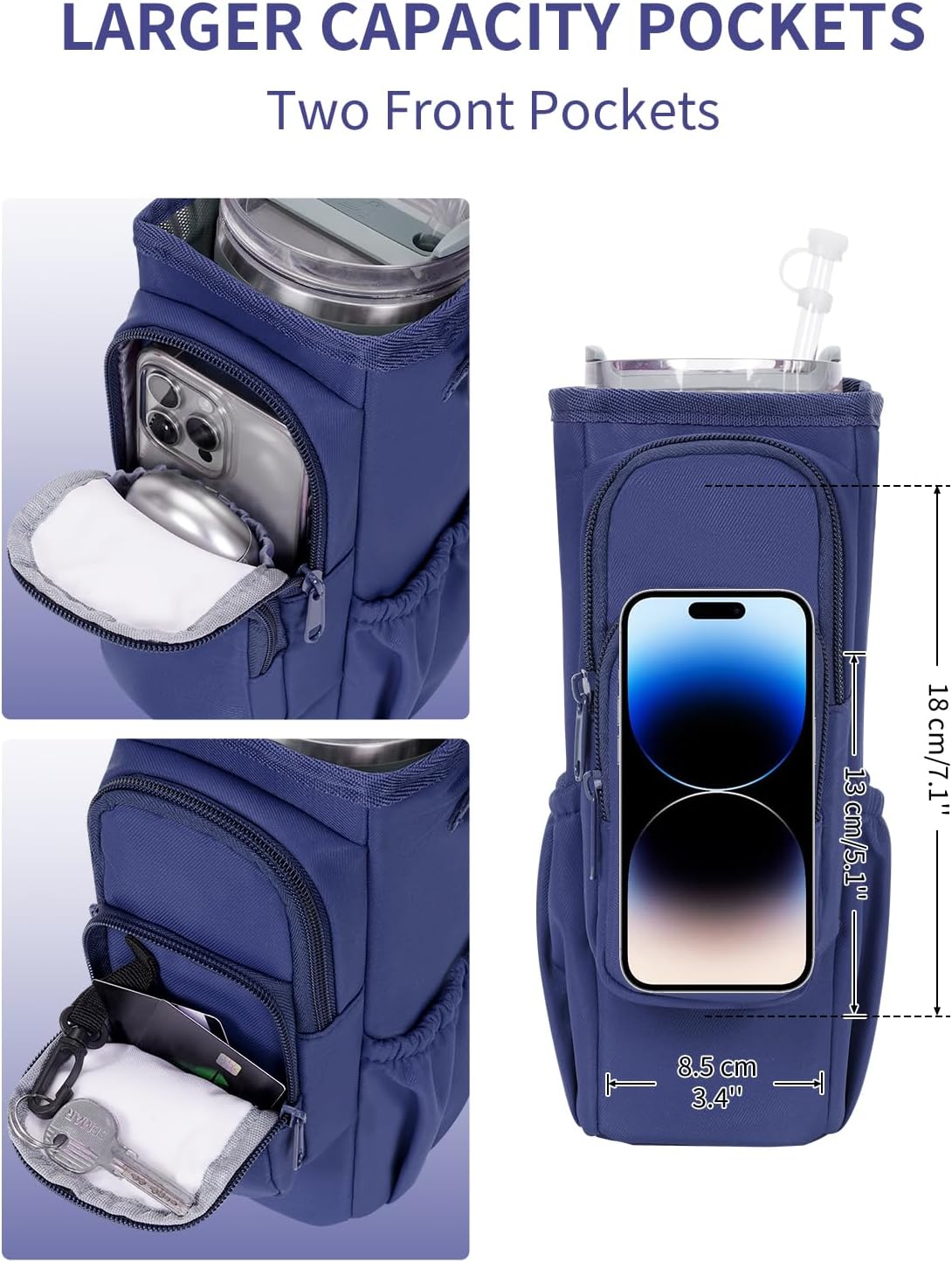 30/40oz Crossbody Water Bottle Holder Anti-Tip Tumbler Carrier | Lightweight Bottle Sling Fits Handled Tumbler w/ Phone Pocket, Adjustable Strap, Insulated Lining, Hands-free for Hiking Gym