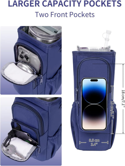 30/40oz Crossbody Water Bottle Holder Anti-Tip Tumbler Carrier | Lightweight Bottle Sling Fits Handled Tumbler w/ Phone Pocket, Adjustable Strap, Insulated Lining, Hands-free for Hiking Gym