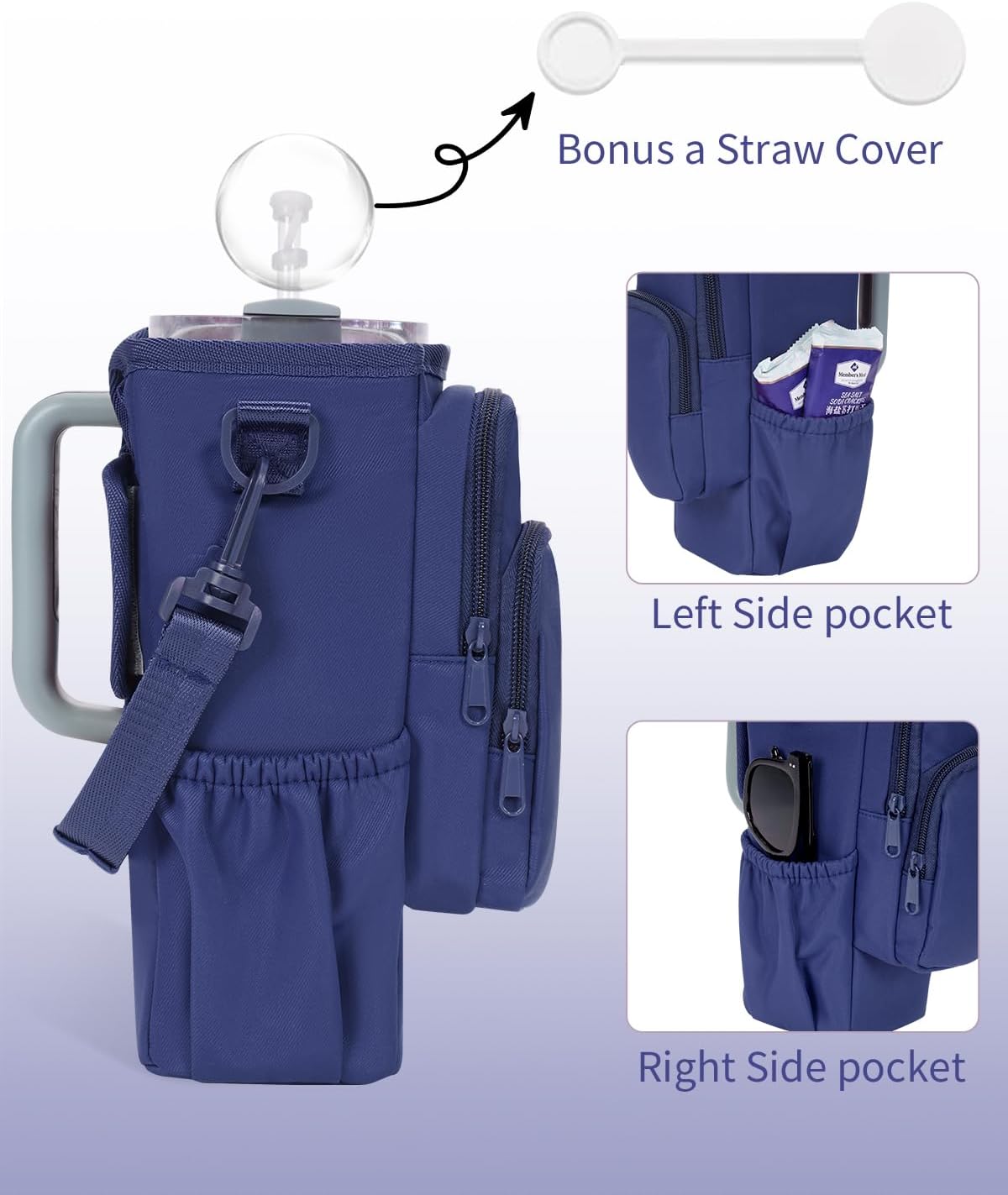 30/40oz Crossbody Water Bottle Holder Anti-Tip Tumbler Carrier | Lightweight Bottle Sling Fits Handled Tumbler w/ Phone Pocket, Adjustable Strap, Insulated Lining, Hands-free for Hiking Gym