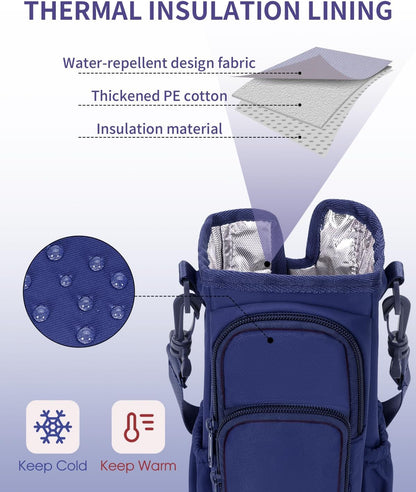 30/40oz Crossbody Water Bottle Holder Anti-Tip Tumbler Carrier | Lightweight Bottle Sling Fits Handled Tumbler w/ Phone Pocket, Adjustable Strap, Insulated Lining, Hands-free for Hiking Gym